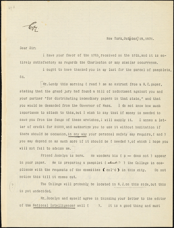Letter from Arthur Tappan, New York, [New York], to William Lloyd Garrison, 1831 Oct[ober] 18