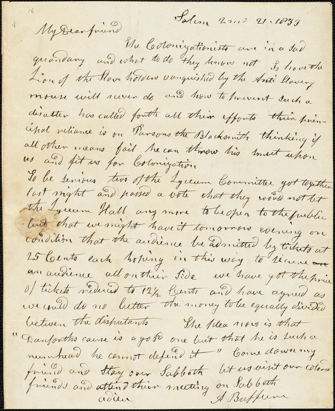 Letter From Arnold Buffum Salem Massachusetts To William Lloyd Garrison 1833 February 21 8746