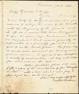Letter from Martin Robinson and Henry Egbert Benson, Providence, [Rhode Island], to William Lloyd Garrison and Isaac Knapp, 1834 Jan[uary] 6