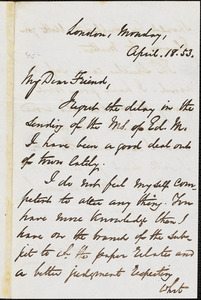 Letter from George Thompson, London, [England], to Richard Davis Webb, 1853 April 18
