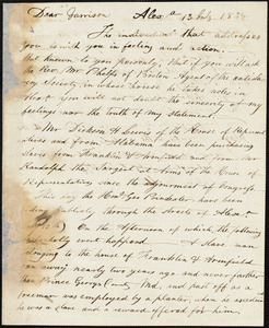 Letter from John Bell, Alexa[ndria, Virginia], to William Lloyd Garrison, 1834 July 13