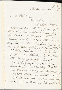 Letter from Calvin Ellis Stowe, Andover, [Massachusetts], to Moses Dresser Phillips, 1857 Mar[ch] 20