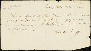 Letters from Charles Briggs, Lexington, [Massachusetts], 1828 Oct[ober] 27 and Will P. Huntington, Lexington, [Massachusetts], 1828 Oct[ober] 16