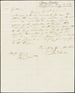 Letter from James Fowler, Westfield, [Massachusetts], to Amos Augustus Phelps, Daniel Wise, and Joseph Warren Alden, 1839 Aug[ust] 16