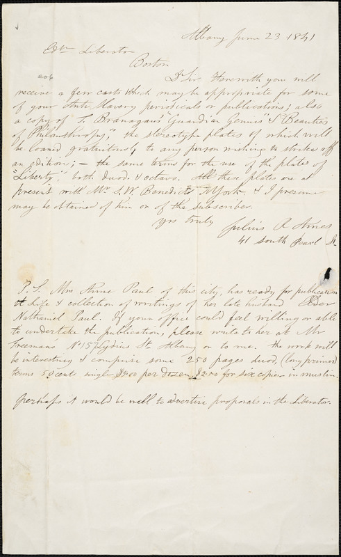 Letter from Julius Rubens Armes, Albany, [New York], to William Lloyd ...