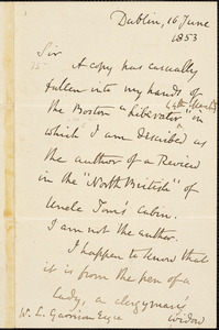 Letter from Richard Whately, Dublin, [Ireland], to William Lloyd Garrison, 1853 June 16