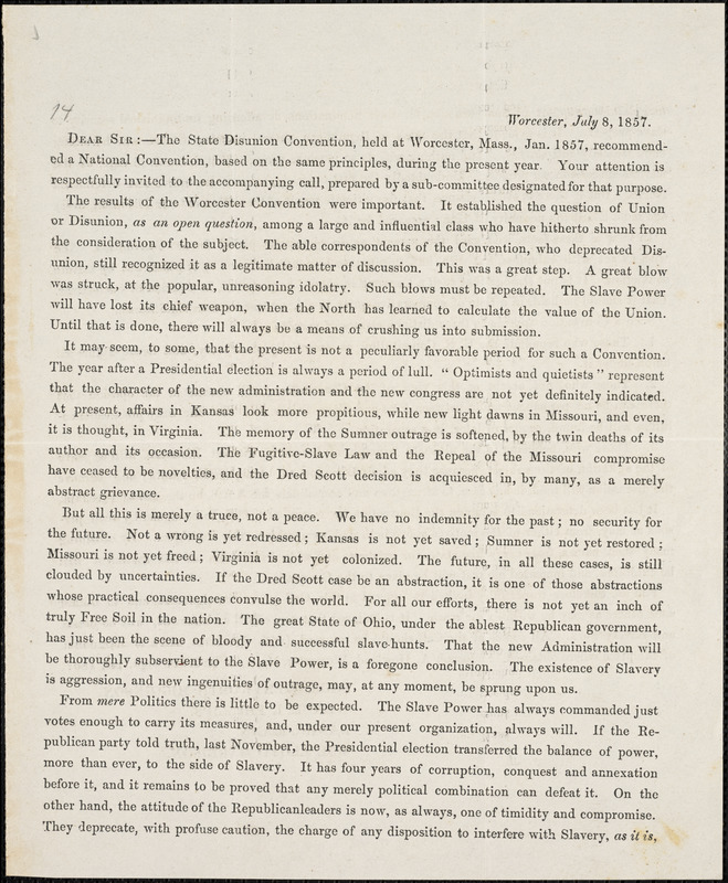 Letter from Thomas Wentworth Higginson, William Lloyd Garrion, Daniel Mann, and Wendell Phillips, Worcester, [Massachusetts], 1857 July 8