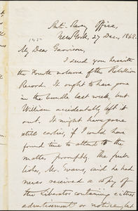 Letter from Oliver Johnson, Anti-Slavery Office, New York, [New York], to William Lloyd Garrison, Anti-Slavery Office, New York, [New York], 1862 Dec[ember] 27