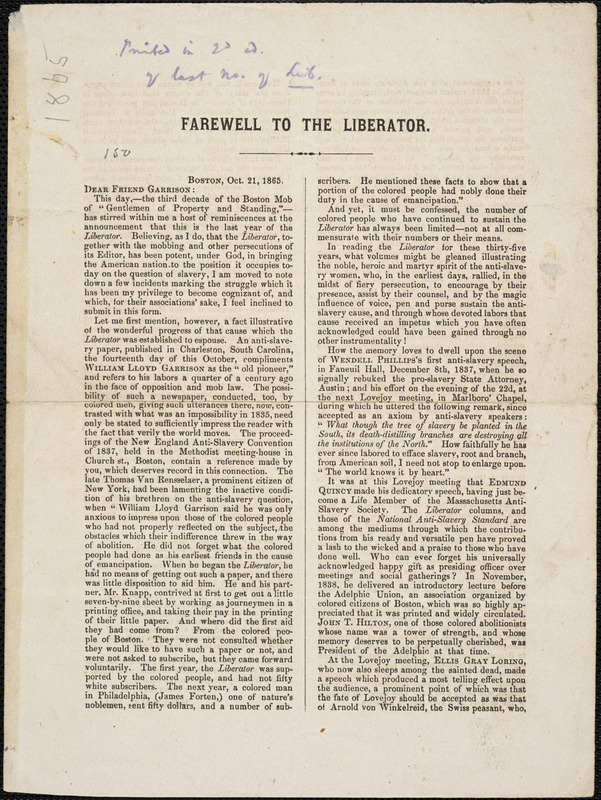 Letter from William Cooper Nell, Boston, [Massachusetts], to William Lloyd Garrison, 1865 Oct[ober] 21