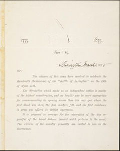 Letter from Citizens, Lexington, [Massachusetts], to William Lloyd Garrison, 1875 March 1