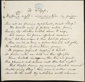 Poem: To Sleep, written after a night's incarceration in prison from William Lloyd Garrison