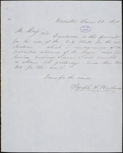 Letter from Joseph Avery Howland, Worcester, [Massachusetts], to Samuel May, 1850 June 22
