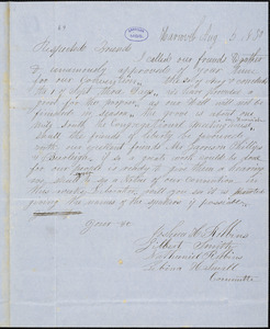 Letter from Joshua H. Robbins, Nathaniel Robbins, Zebina H. Small, and Gilbert Smith, Harwich, [Massachusetts], to Samuel May, 1850 Aug[ust] 5