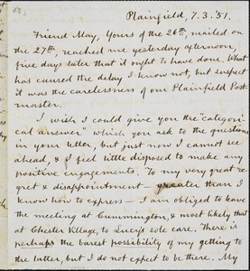 Letter from Charles Callistus, Plainfield, [Connecticut], to Samuel May, [18]51 [July] 3