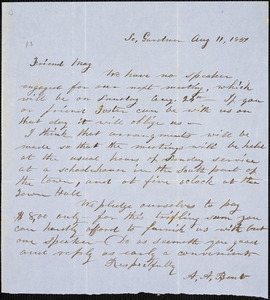 Letter from Arunah Allen Bent, So[uth] Gardner, [Massachusetts], to Samuel May, 1851 Aug[ust] 11
