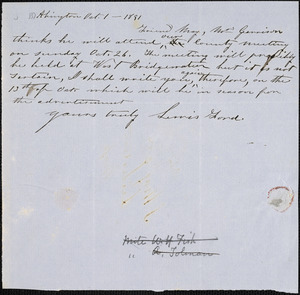 Letter from Lewis Ford, Abington, [Massachusetts], to Samuel May, 1851 Oct[ober] 1