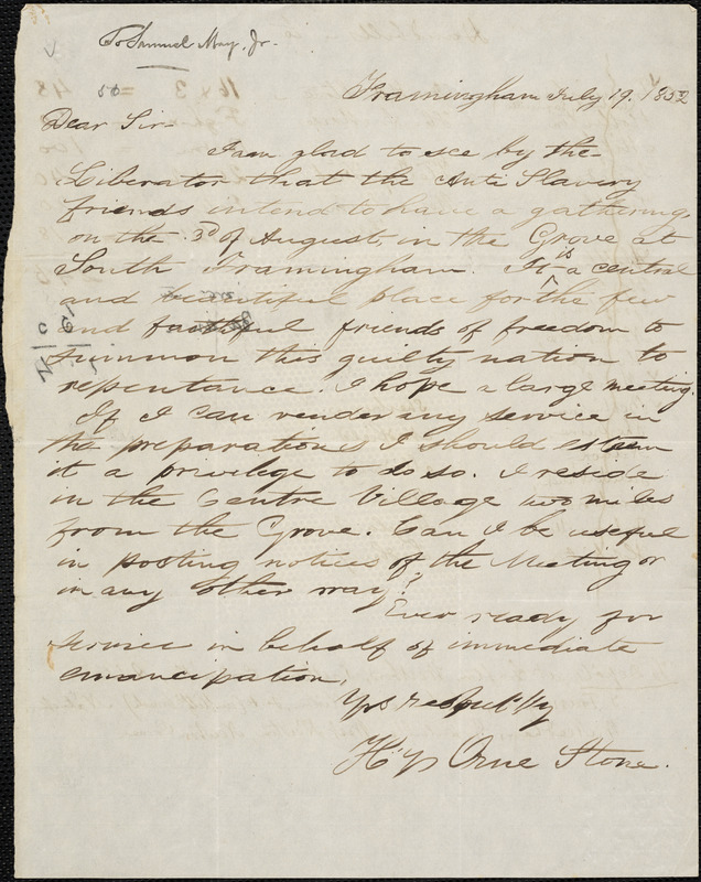 Letter from Henry Orne Stone, Framingham, [Massachusetts], to Samuel ...