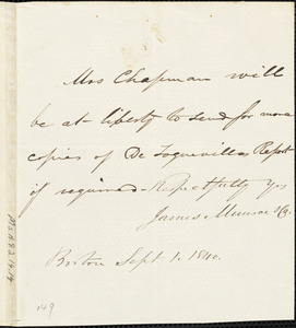 Letter from James Munroe, Boston, [Massachusetts], to Maria Weston Chapman, 1840 Sept[ember] 1