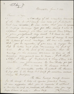 Letter from J.H. Crane, Worcester, [Massachusetts], to Samuel May, 1852 June 9