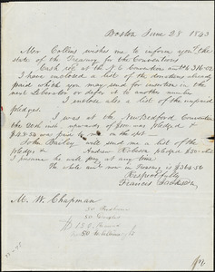 Letter from Francis Jackson, Boston, [Massachusetts], to Maria Weston Chapman, 1843 June 28