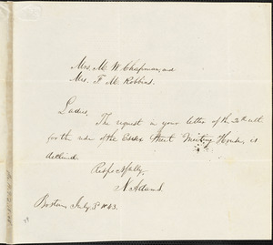 Letter from N. Adams, Boston, [Massachusetts], to Maria Weston Chapman, 1843 July 3