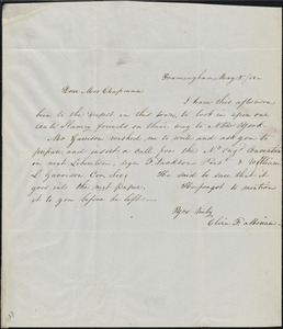 Letter from Eliza Franes Jackson, Framingham, [Massachusetts], to Maria Weston Chapman, 1843 May 8