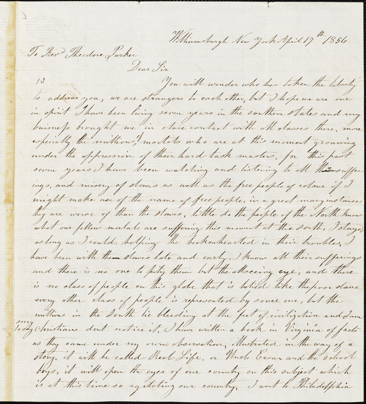 Letter from W. Ingram, Williamsburg, [New York], to Theodore Parker ...