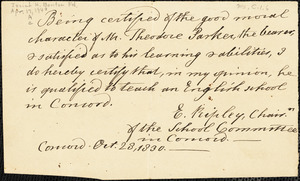 Letter from Ezra Ripley, Concord, [Massachusetts], to Theodore Parker, 1830 Oct[ober] 28