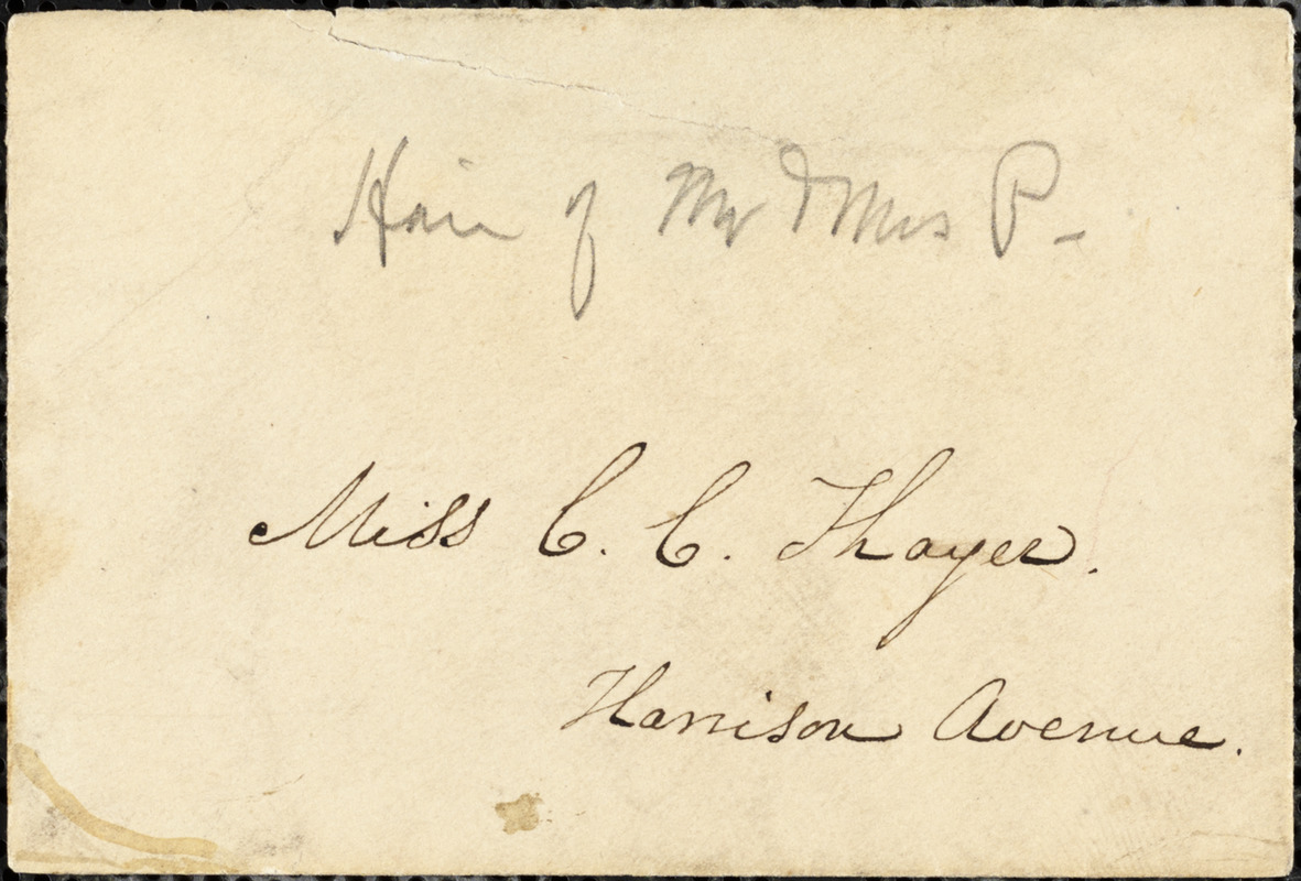Lock of Theodore Parker's hair, [Boston, Massachusetts], to Caroline C. Thayer