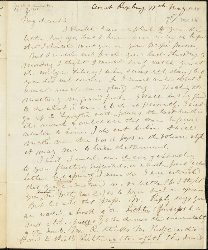 Letter from Theodore Parker, West Roxbury, [Massachusetts], to Convers ...