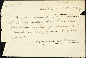 Letter from Bernard Whitman, Waltham, [Massachusetts], 1829 Oct[ober] 2