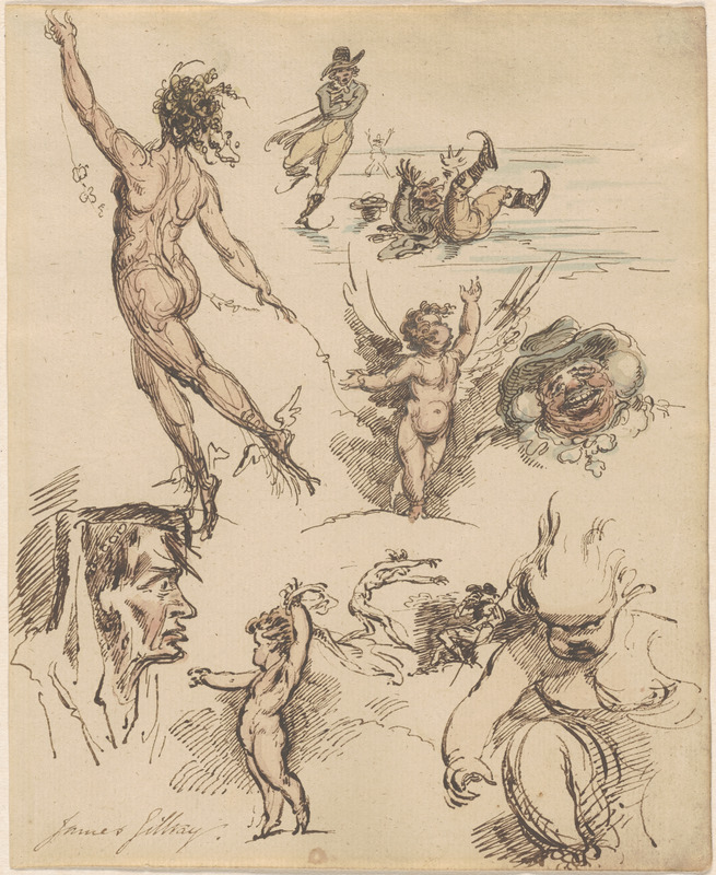 Page with small sketches, including cherubs, ice skaters, and other figures