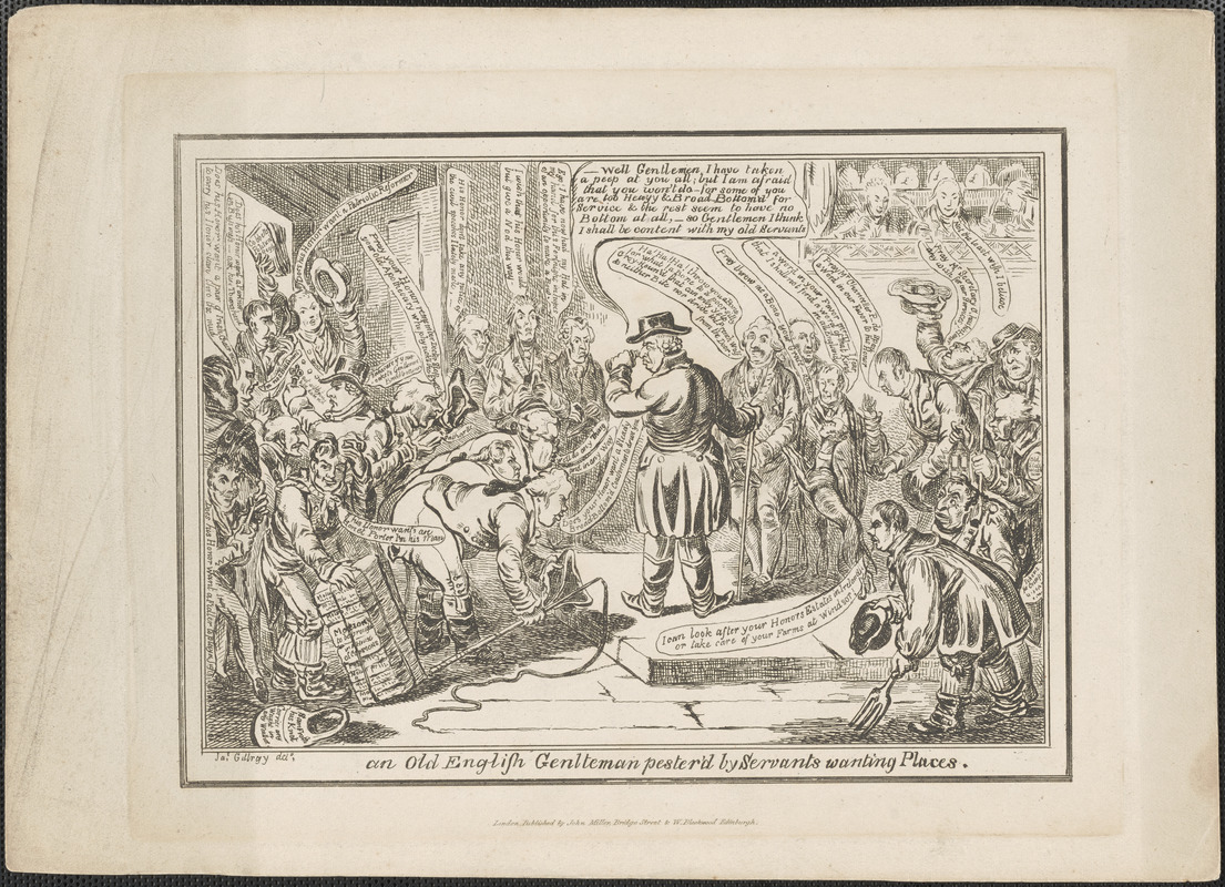 An old English gentleman pester'd by servants wanting places