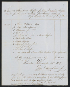 Invoice of sundries shipped on brig Cordelia for Trinidad de Cuba, on account of Isabel M. Carret, December 25, 1849