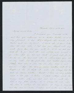 Letter to 'Bela' [Isabel M. Carret, Dedham, Mass.] from 'Willie' [William L. G. Peirce, Lincoln, Mass.], April-June 1854