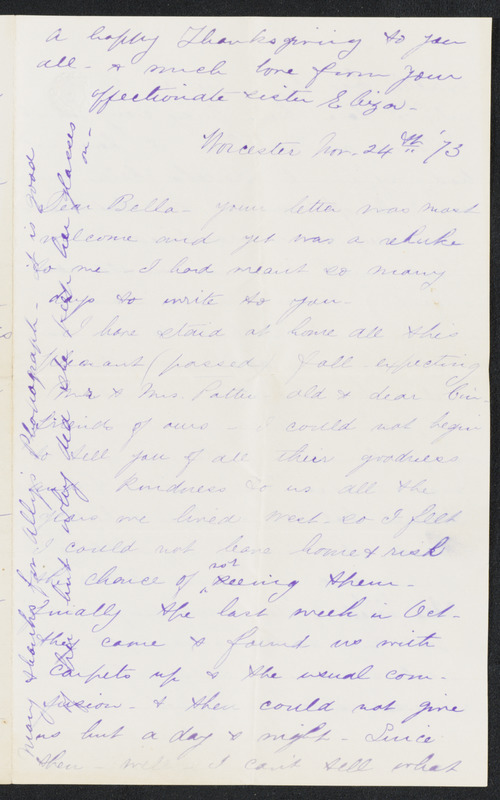 Letter to 'Bella' from sister 'Eliza', Worcester, November 24, 1873
