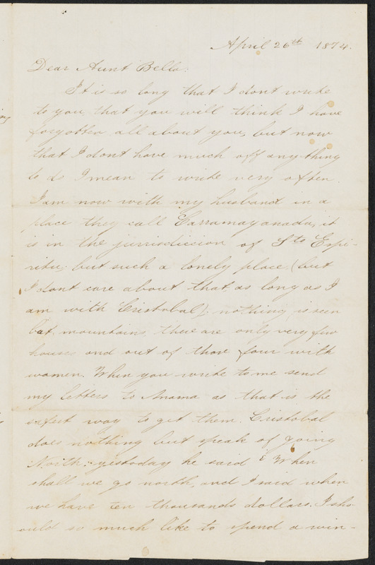 Letter to Aunt Bella from niece Carmita, April 26, 1874