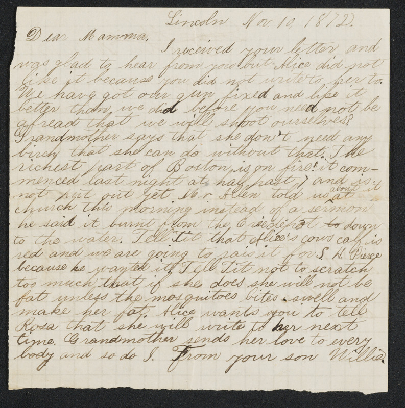 Letter to 'Mamma' from Willie, Lincoln, November 10, 1872; on reverse letter to 'Mama' from Amos