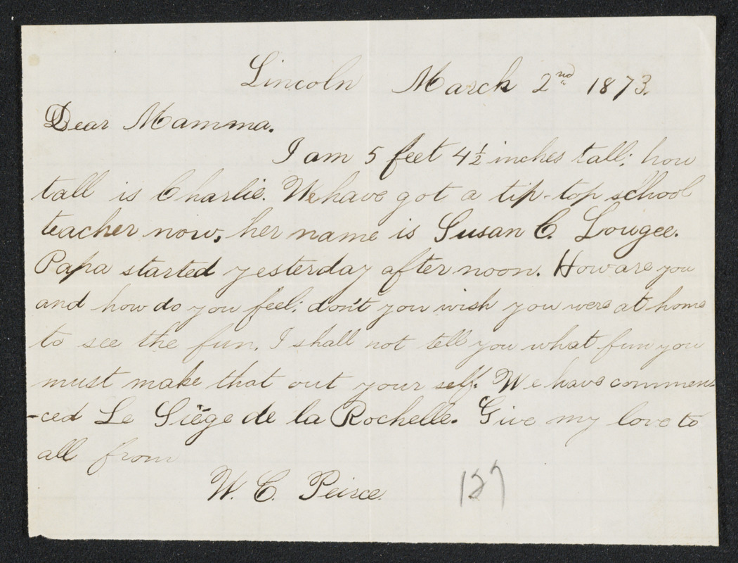 Letter to 'Mamma' from W. C. Peirce, Lincoln, March 2, 1873