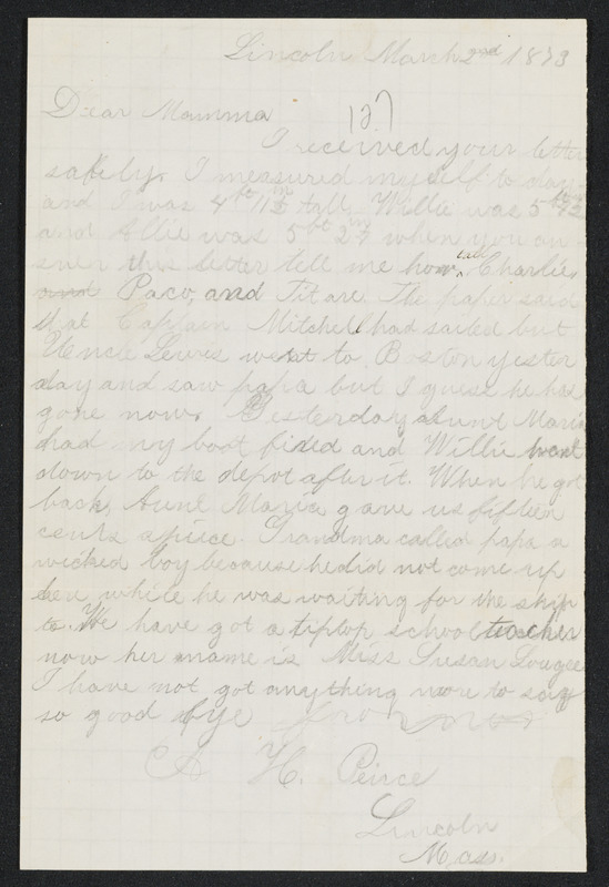 Letter to 'Mama' from Amos, Lincoln, January-March 1873
