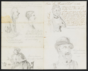 Letter insert, pencil sketches of characters from Hoosier Schoolmaster