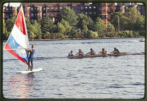 Boston 1981: Rowers and sailboard on Charles River