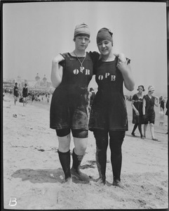 Bathing girls wearing suits with "O.P.B.," Revere Beach