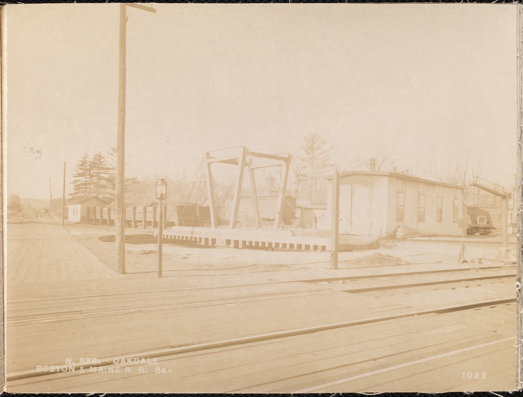 Wachusett Reservoir, Boston & Maine Railroad's engine house, turntable, etc., from the southeast on the platform of the station, Oakdale, West Boylston, Mass., Jan. 13, 1897