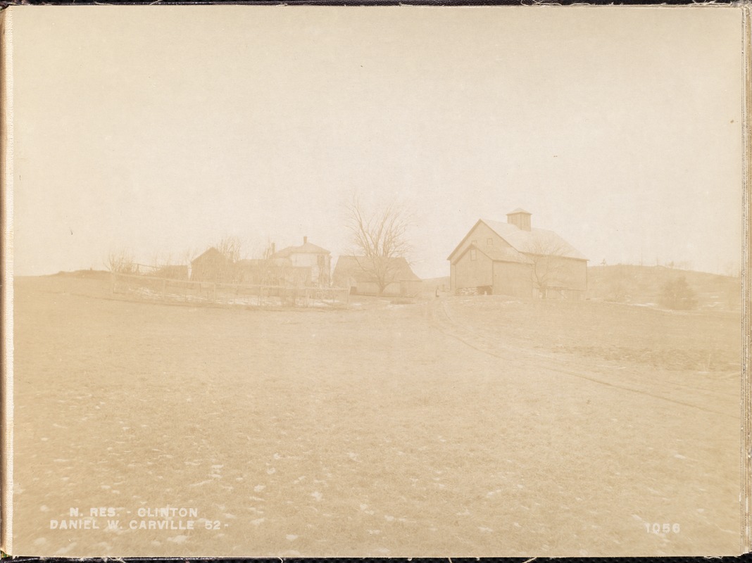 Wachusett Reservoir, Daniel W. Carville's farm buildings, from the southeast in the field, Clinton, Mass.,   Jan. 27, 1897