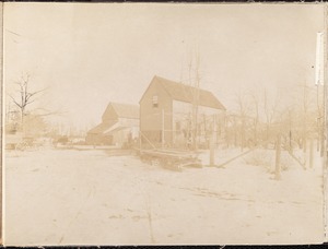 Wachusett Reservoir, Ann Bradley's house and barn, on the north side of the West Boylston Road, near the corner of Main Street, from the south in the road, Clinton, Mass., Feb. 11, 1897