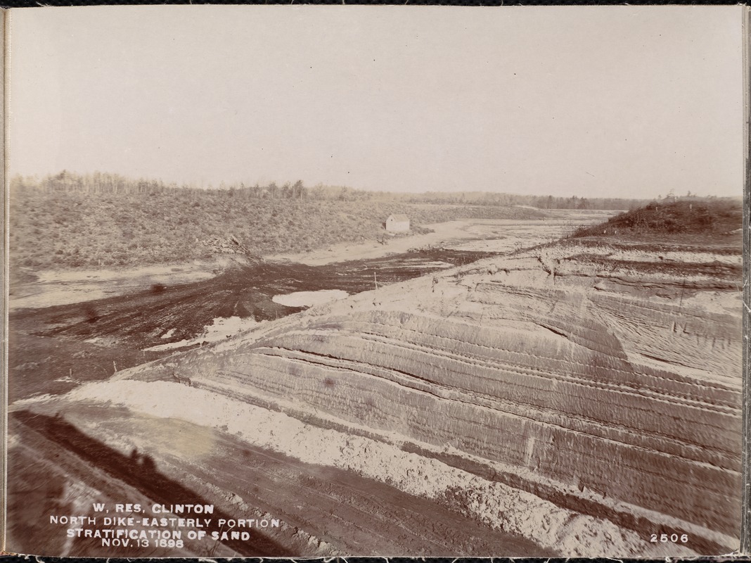 Wachusett Reservoir, North Dike, easterly portion, main cut-off trench, stratification of sand, ending abruptly against margin of plain, Clinton, Mass., Nov. 13, 1898