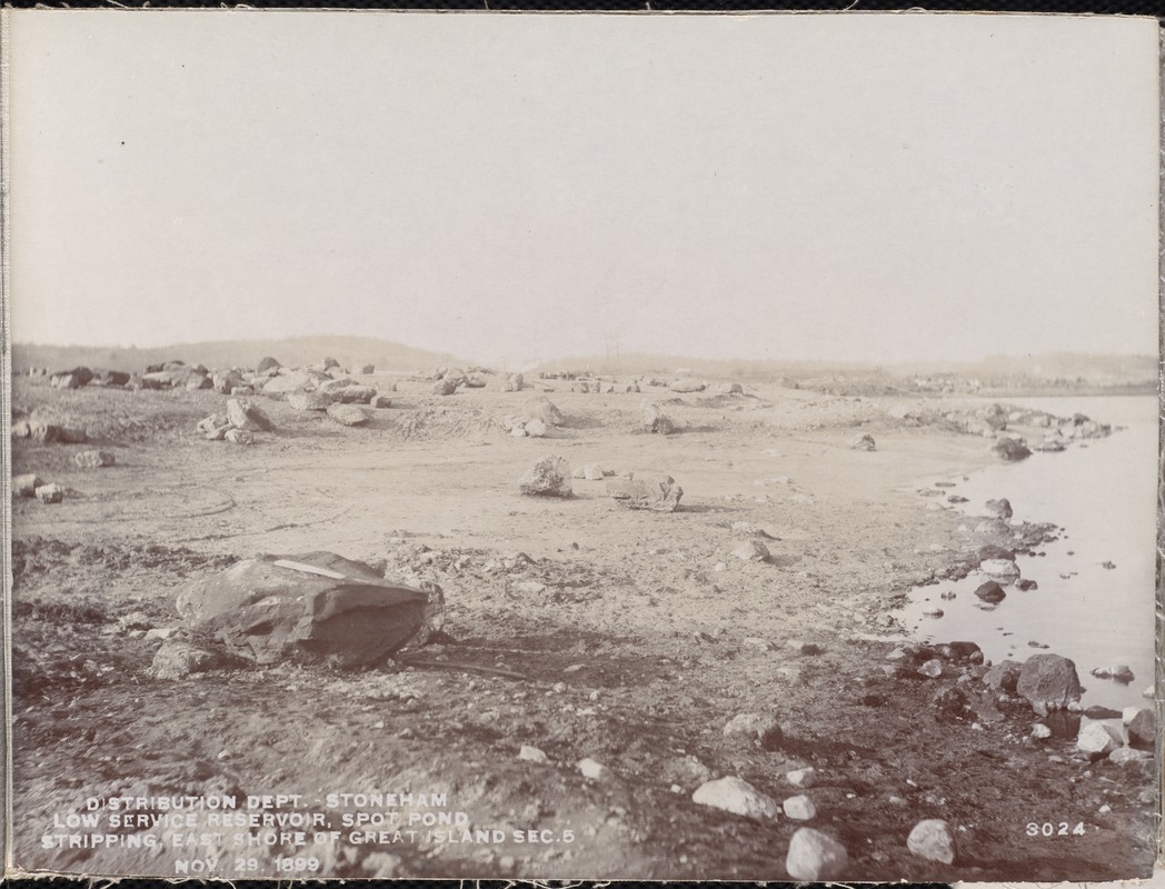 Distribution Department, Low Service Spot Pond Reservoir, stripping on east side of Great Island, Section 5, from the south, Stoneham, Mass., Nov. 29, 1899