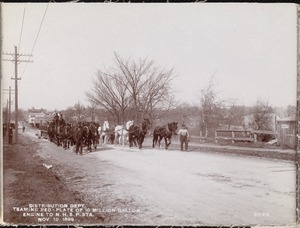 Distribution Department, Northern High Service Spot Pond Pumping Station, teaming bed-plate of 10-million gallon engine to station, Medford; Stoneham, Mass., Nov. 10, 1899