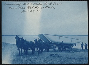 Wachusett Department, Wachusett Reservoir, launching of 10 horse power motor work scow, Mass., Apr. 20, 1909